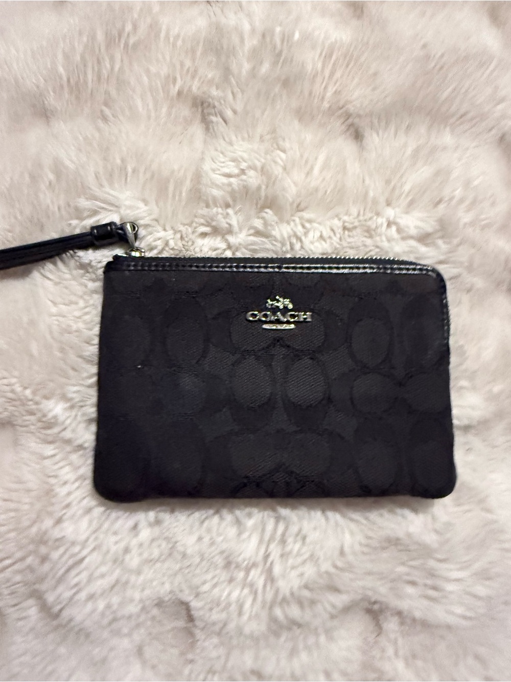 Coach Black Signature Wristlet Wallet Zip Pouch Canvas Leather Trim